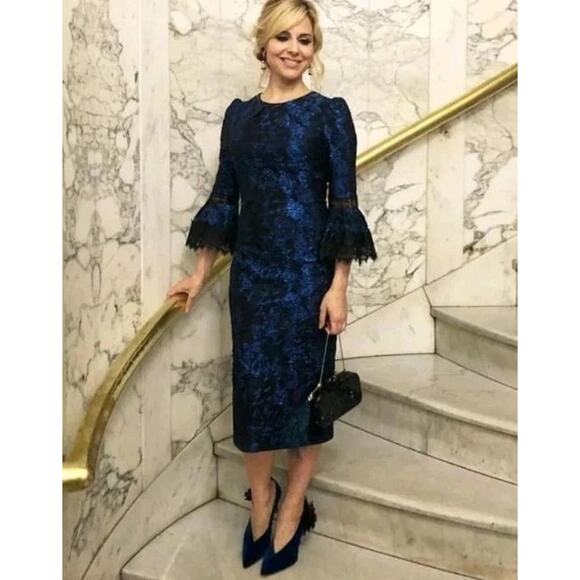 Theia Dresses & Skirts - Theia Blue Black Tulip Sleeve Brocade Dress Sz XS Jacquard Wedding Guest Party